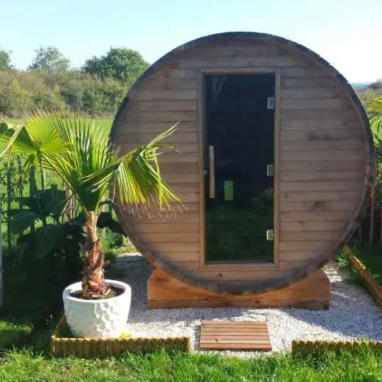 Outdoor Red Cedar Panoramic Barrel Sauna with Backrest 8 People