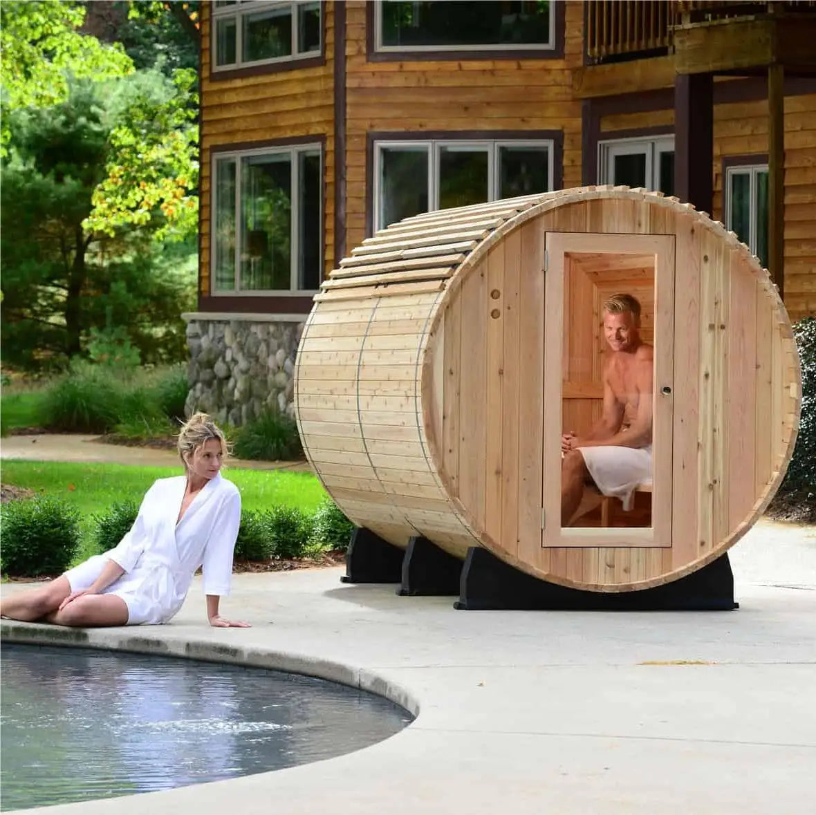 Outdoor Red Cedar Panoramic Barrel Sauna with Backrest